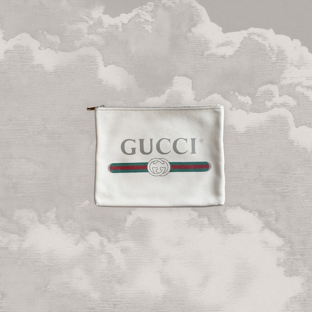 GUCCI 12"x9" Clutch Retro Logo Portfolio Large Pouch White Beige Bag Handbag